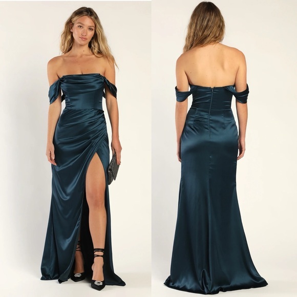Lulus Dresses & Skirts - NWT Lulu’s Stunning Arrival Dark Teal Satin Off-The-Shoulder Maxi Dress Medium